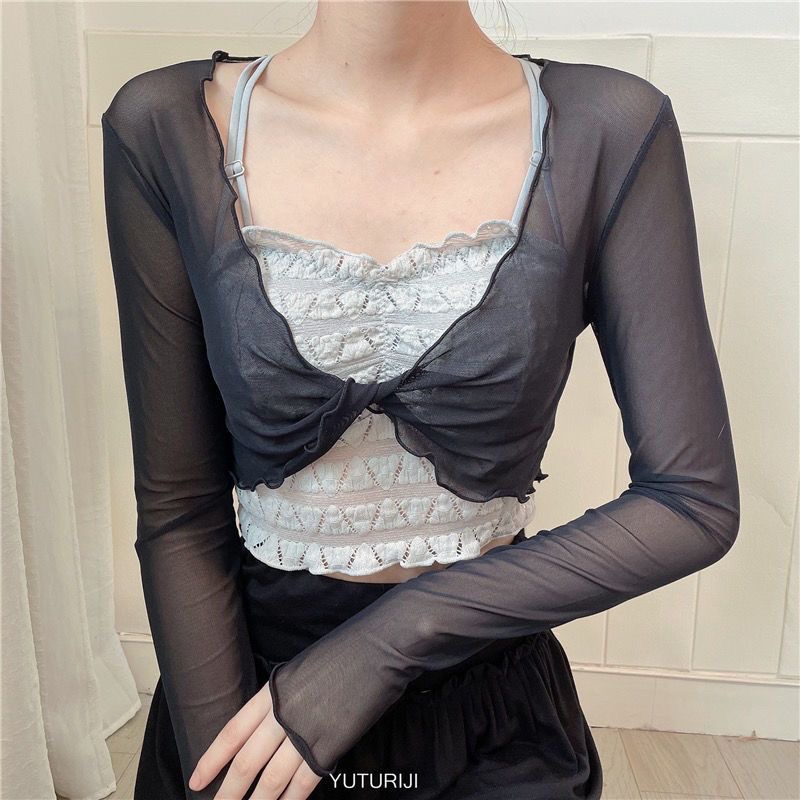 Pilates Yoga Wear - Damen Mesh Ballett-Überwurf mit gekreuzter Vorderseite,