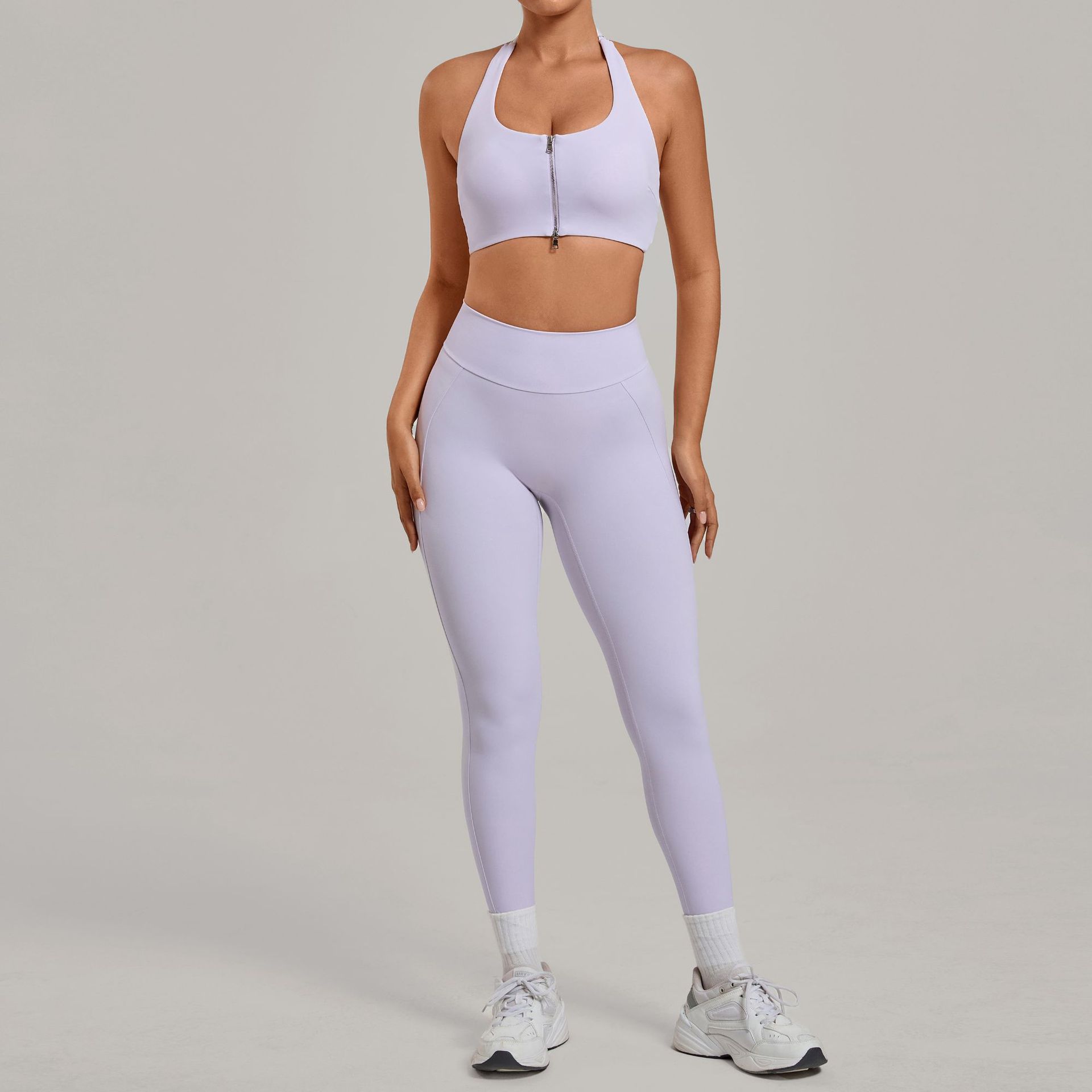 Pilates Yoga Legging - Damen Neckholder-Sport-BH mit Reißverschluss, High-Waist-Leggings mit
